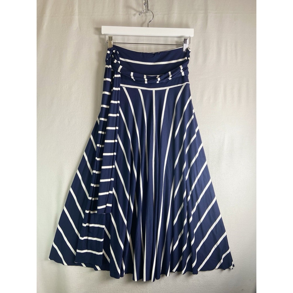Elan Maxi Skirt  Women Size M Striped Blue White A Line Flare Tie Waist Stretch